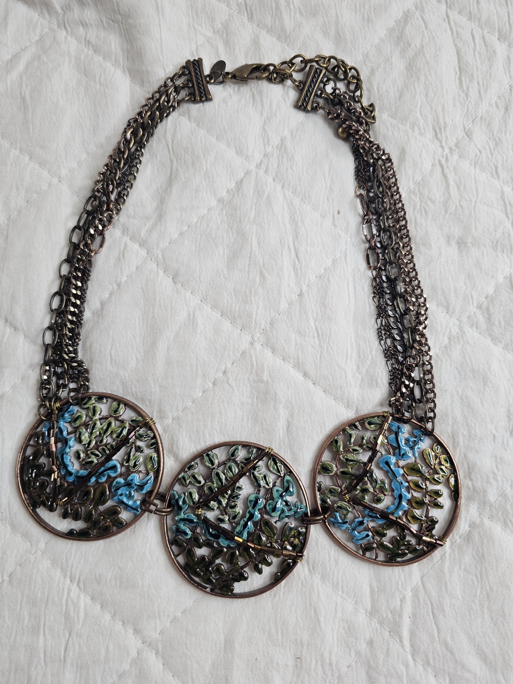 Antiqued Bronze Triple Medallion Statement Necklace with Teal Accents
